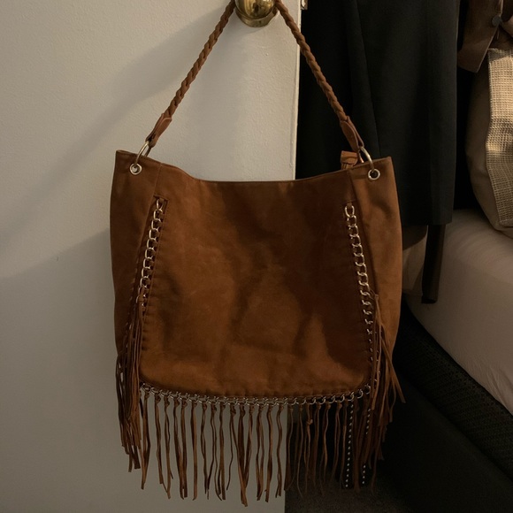 JustFab Handbags - JustFab Brown Suede Shoulder Bag with Gold Chain